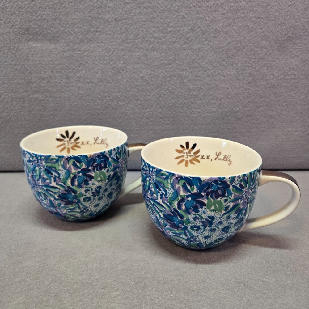 Lilly Pulitzer Watercolor Blue Ceramic Coffee Mug w/hidden animal figure, Set 2